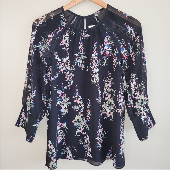 Reiss Womens Blouse Size 6 Black Floral Keyhole Sheer Inner Lining Flowy - Picture 1 of 7
